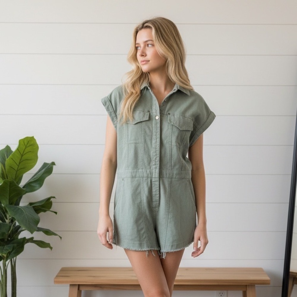 Signatures Women Sage Green Linen Blend‎ Utility Romper Size Large Frayed Hem